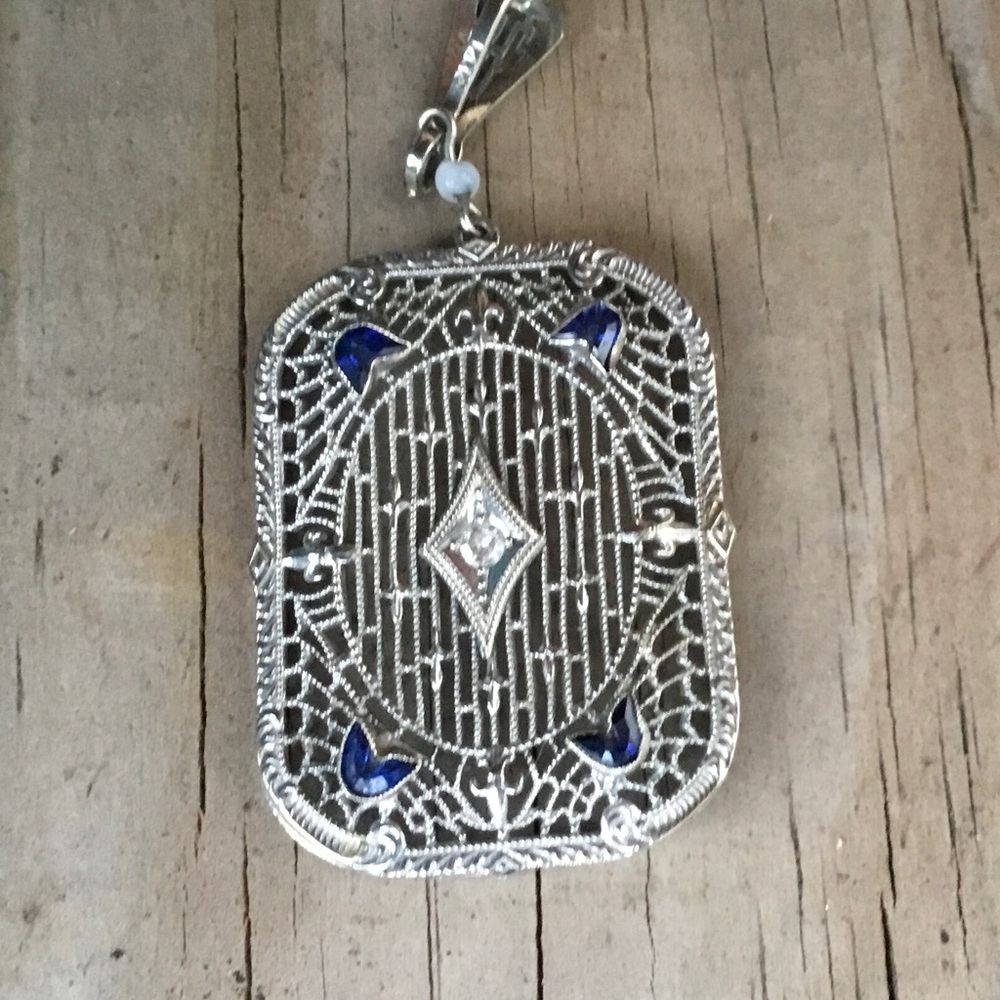 14kt filigree white-gold diamond and synthetic sapphire pendant